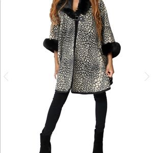 Animal Print Hooded Poncho w/ Faux Fur